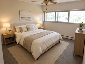 Dundas apartment for rent - A bedroom with a large bed and a ceiling fan.