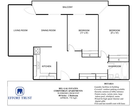 Floor plan for 2 beds, 1 bath, 770 sqft