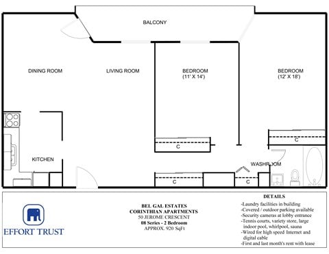 Floor plan for 2 beds, 1 bath, 980 sqft
