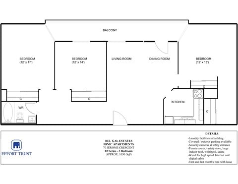 Floor plan for 3 beds, 1.5 baths, 1050 sqft