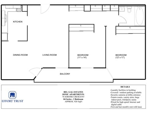 Floor plan for 2 beds, 1 bath, 980 sqft