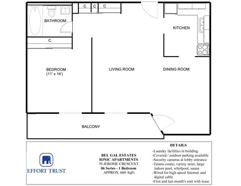 Floor plan for 1 bed, 1 bath, 660 sqft