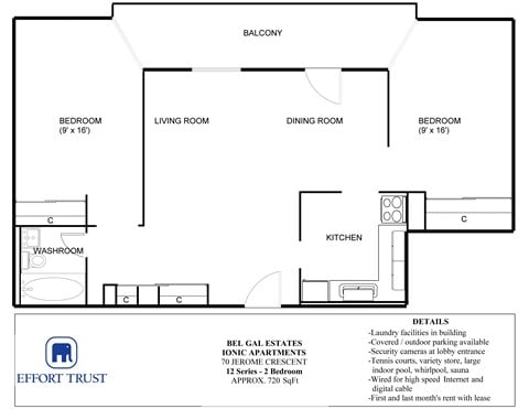 Floor plan for 2 beds, 1 bath, 720 sqft