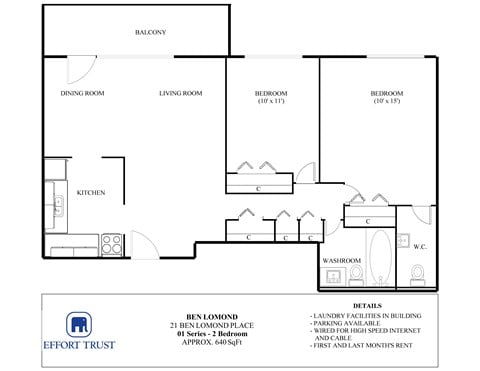 Floor plan for 2 beds, 1 bath, 640 sqft