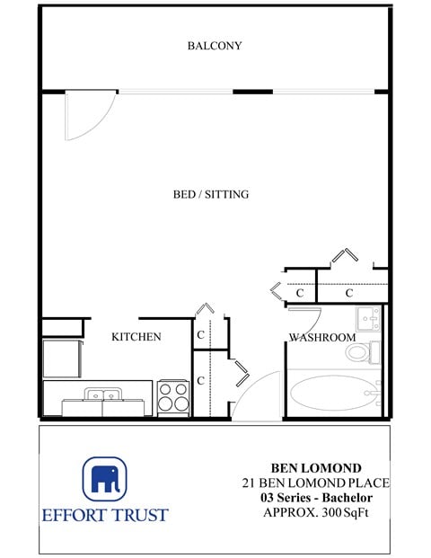 Floor plan for studio, 1 bath, 300 sqft