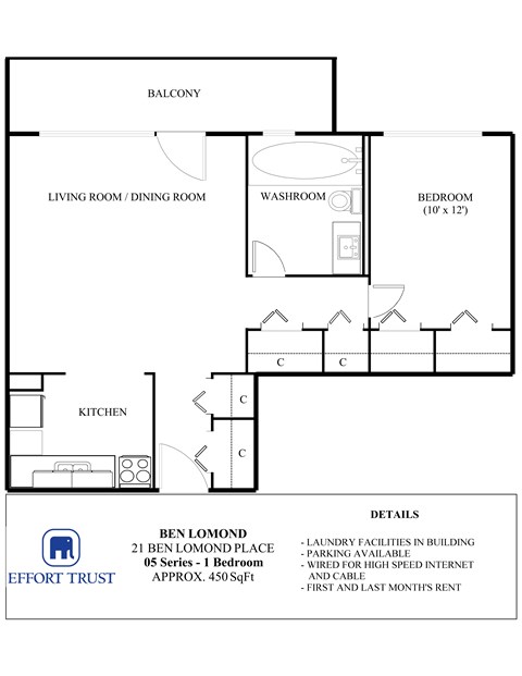 Floor plan for 1 bed, 1 bath, 450 sqft