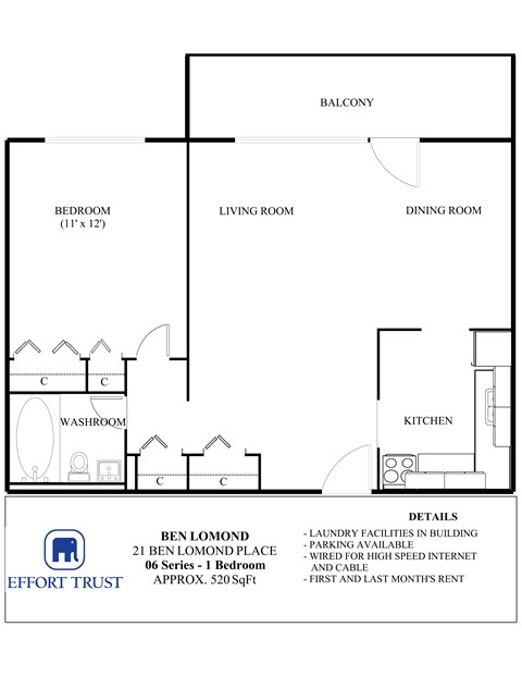Floor plan for 1 bed, 1 bath, 520 sqft