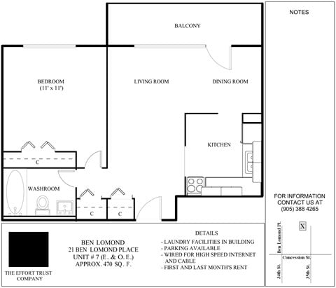 Floor plan for 1 bed, 1 bath, 470 sqft
