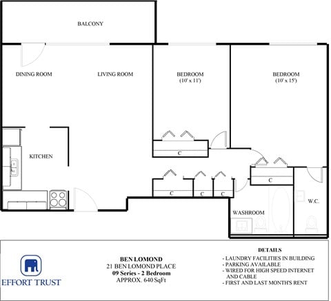 Floor plan for 2 beds, 1 bath