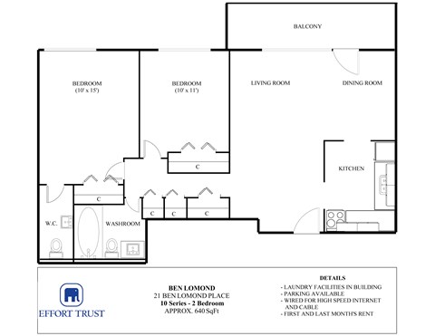 Floor plan for 2 beds, 1 bath, 640 sqft