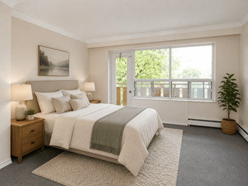 Hamilton apartment for rent - A bedroom with a large bed and a balcony.