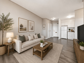 Hamilton apartment for rent - A living room with a white couch, a coffee table, and a television.