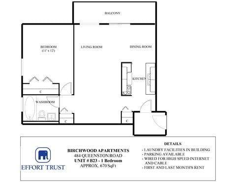 Floor plan for 1 bed, 1 bath, 670 sqft