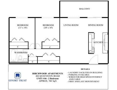 Floor plan for 2 beds, 1 bath, 780 sqft