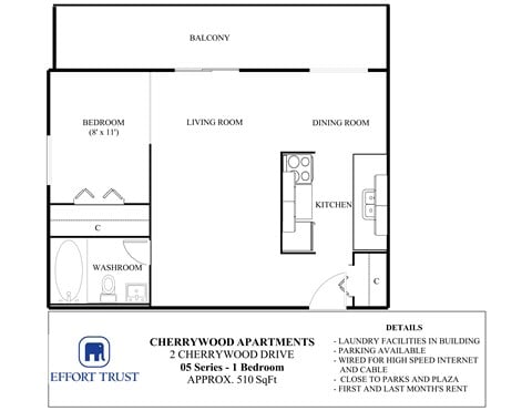 Floor plan for studio, 1 bath, 510 sqft