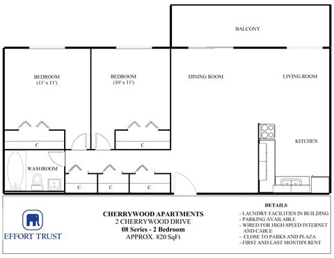 Floor plan for 2 beds, 1 bath, 840 sqft