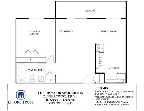 Floor plan for 1 bed, 1 bath, 610 sqft