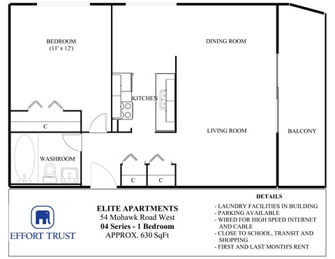 Floor plan for 1 bed, 1 bath, 630 sqft