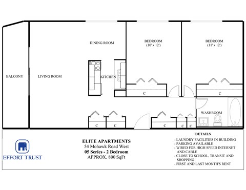 Floor plan for 2 beds, 1 bath, 800 sqft