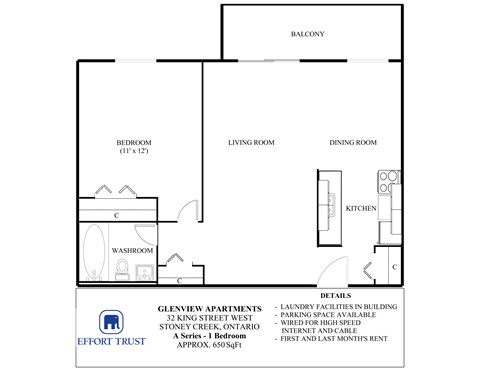 Floor plan for 1 bed, 1 bath, 650 sqft