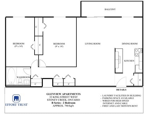 Floor plan for 2 beds, 1 bath, 840 sqft