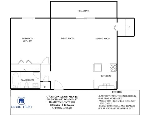 Floor plan for 1 bed, 1 bath, 720 sqft