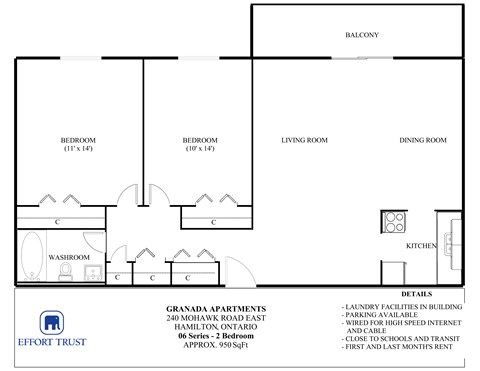 Floor plan for 2 beds, 1 bath, 950 sqft