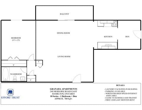 Floor plan for 1 bed, 1 bath, 780 sqft