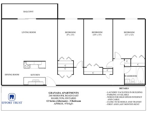 Floor plan for 3 beds, 1 bath