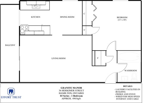 Floor plan for 1 bed, 1 bath