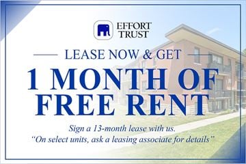 Kitchener apartment for rent - A blue and white advertisement for Effort Trust offering a free month of rent for signing a 13-month lease.