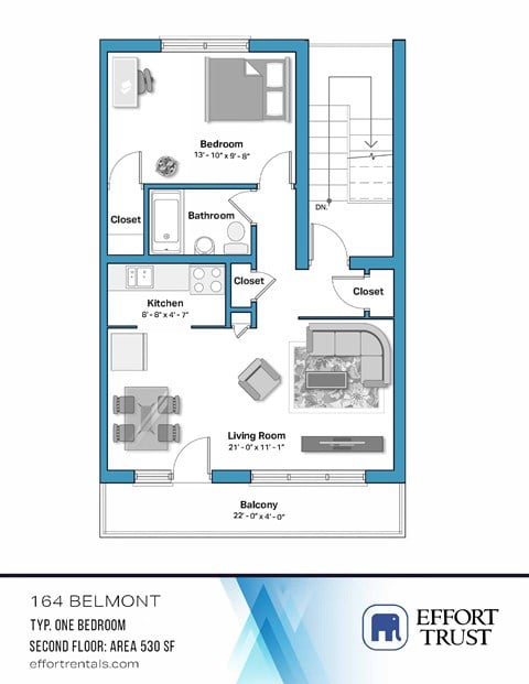 Floor plan for 1 bed, 1 bath, 530 sqft