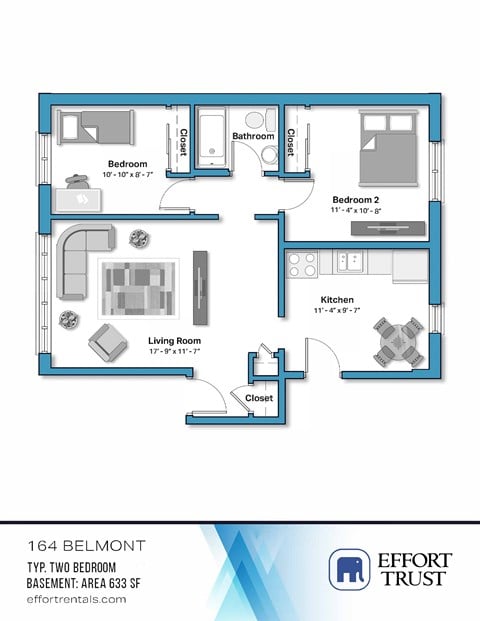Floor plan for 2 beds, 1 bath, 633 sqft