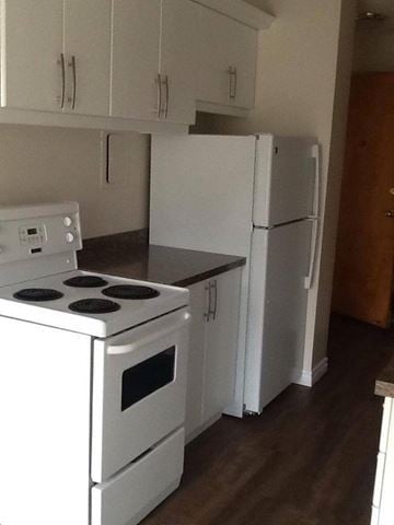 Hamilton apartment for rent - A white stove and refrigerator in a kitchen.