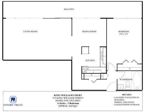 Floor plan for 1 bed, 1 bath, 640 sqft