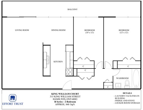 Floor plan for 2 beds, 1 bath