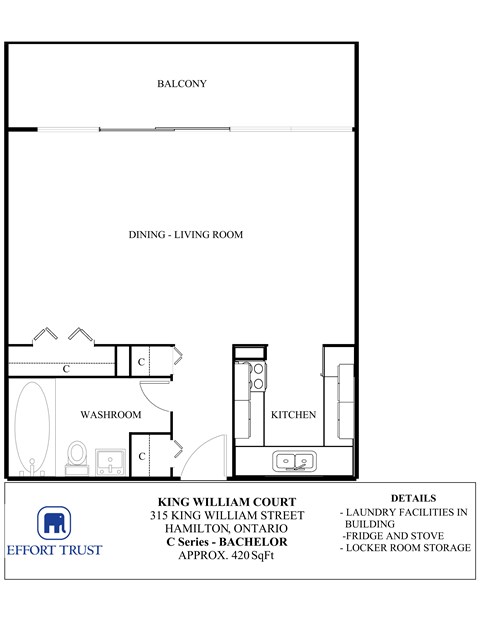 Floor plan for studio, 1 bath, 630 sqft