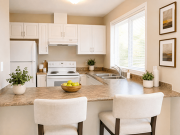 Hamilton apartment for rent - A kitchen with white cabinets and a granite countertop.