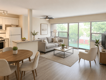 Dundas apartment for rent - A modern living room with a dining table and chairs.