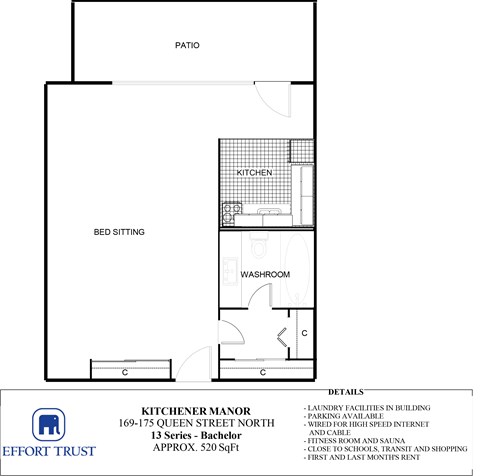Floor plan for studio, 1 bath