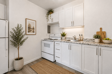 Hamilton apartment for rent - A kitchen with white appliances and cabinets, a potted plant, and a framed picture on the wall.