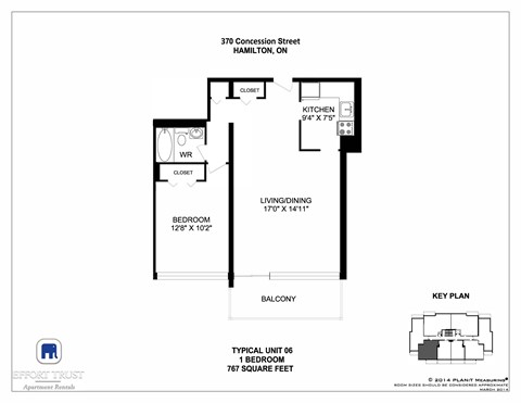 Floor plan for 1 bed, 1 bath, 767 sqft