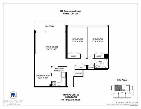 Floor plan for 2 beds, 1 bath, 1057 sqft