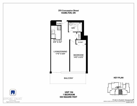 Floor plan for 1 bed, 1 bath, 530 sqft