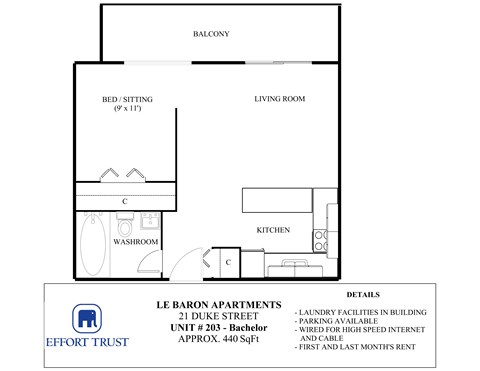 Floor plan for studio, 1 bath, 420 sqft