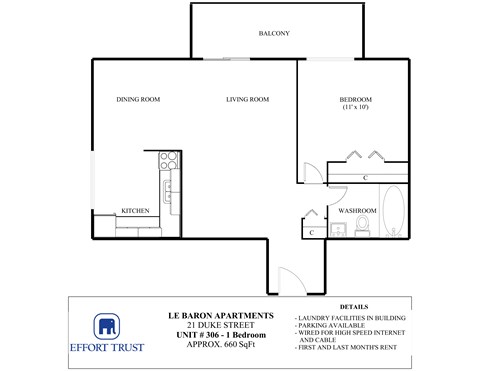 Floor plan for 1 bed, 1 bath