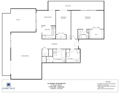 Floor plan for 2 beds, 1 bath