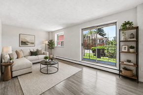 Hamilton apartment for rent - A living room with a white couch, a coffee table, and a large window with a view of a backyard.