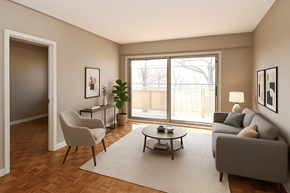 Hamilton apartment for rent - A living room with a grey couch, a coffee table, a chair, and a potted plant.