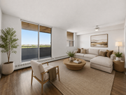 Hamilton apartment for rent - A living room with a large window, a sofa, a chair, a coffee table, and a potted plant.